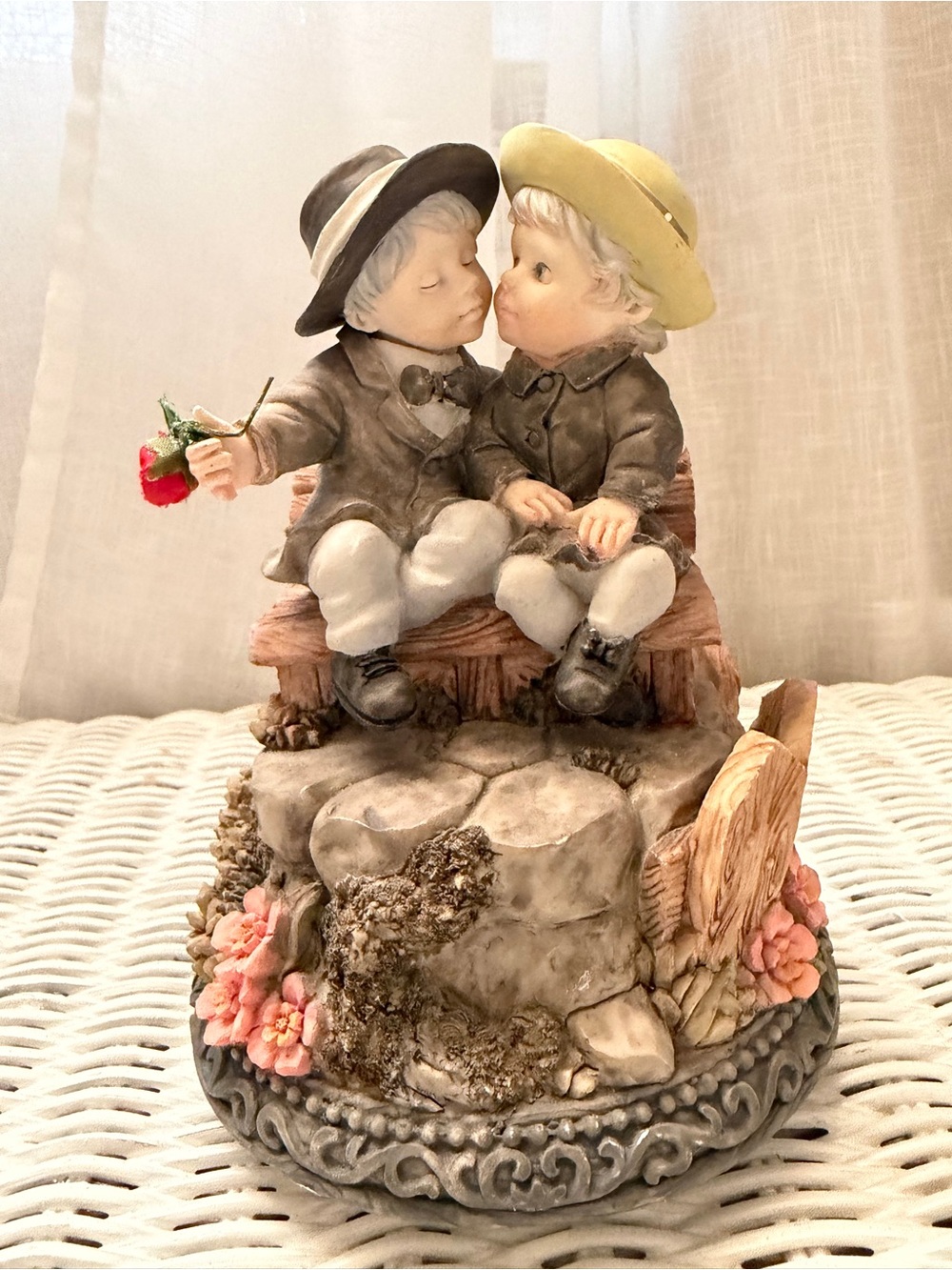 Romantic Boy and Girl Bench Figurine - Beige and Brown